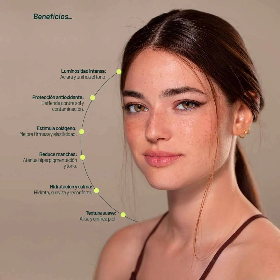 Activos botánicos del sérum Radianc de Aetheria, combinación de vitamina C y extractos naturales para una luminosidad saludable