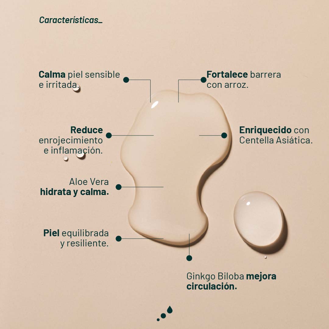 Características del sérum Riz Calm — fórmula ligera y calmante diseñada para piel sensible y rostro delicado