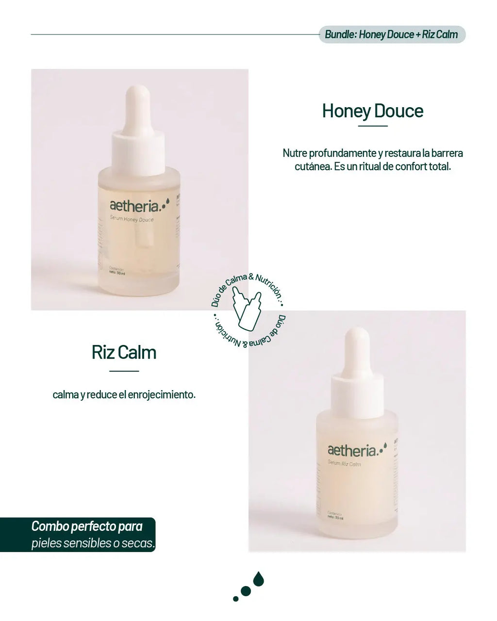 Ritual Calma y Restauración de Aetheria con Riz Calm y Honey Douce, tratamiento hidratante y nutritivo para piel sensible o seca.