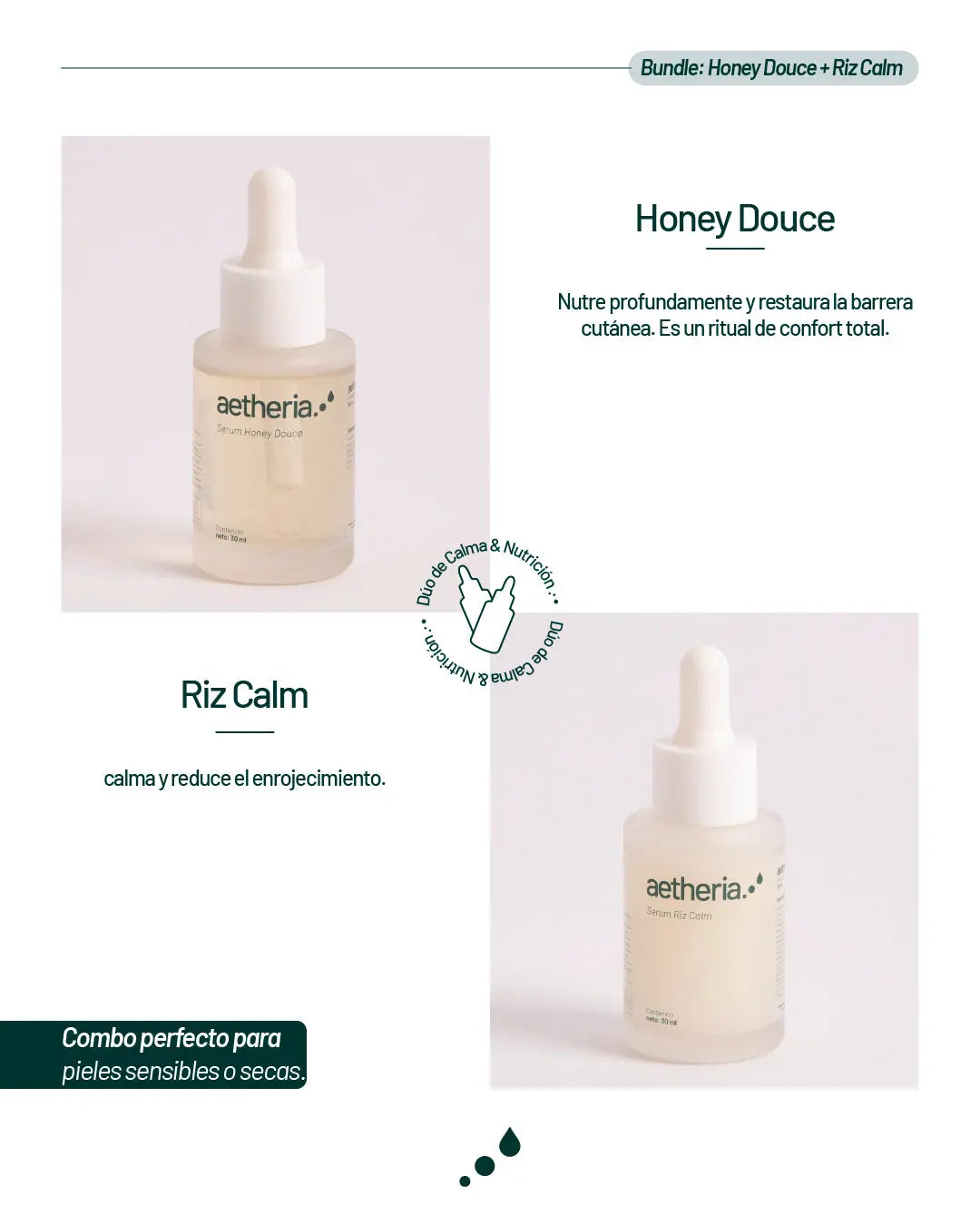 Ritual Calma y Restauración de Aetheria con Riz Calm y Honey Douce, tratamiento hidratante y nutritivo para piel sensible o seca.