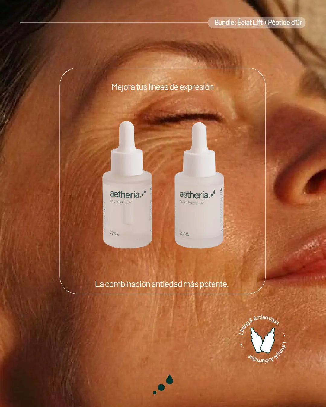 Ritual Lifting y Antiedad de Aetheria con Éclat Lift y Péptide d’Or, sérums reafirmantes con bakuchiol, péptidos y oro coloidal.