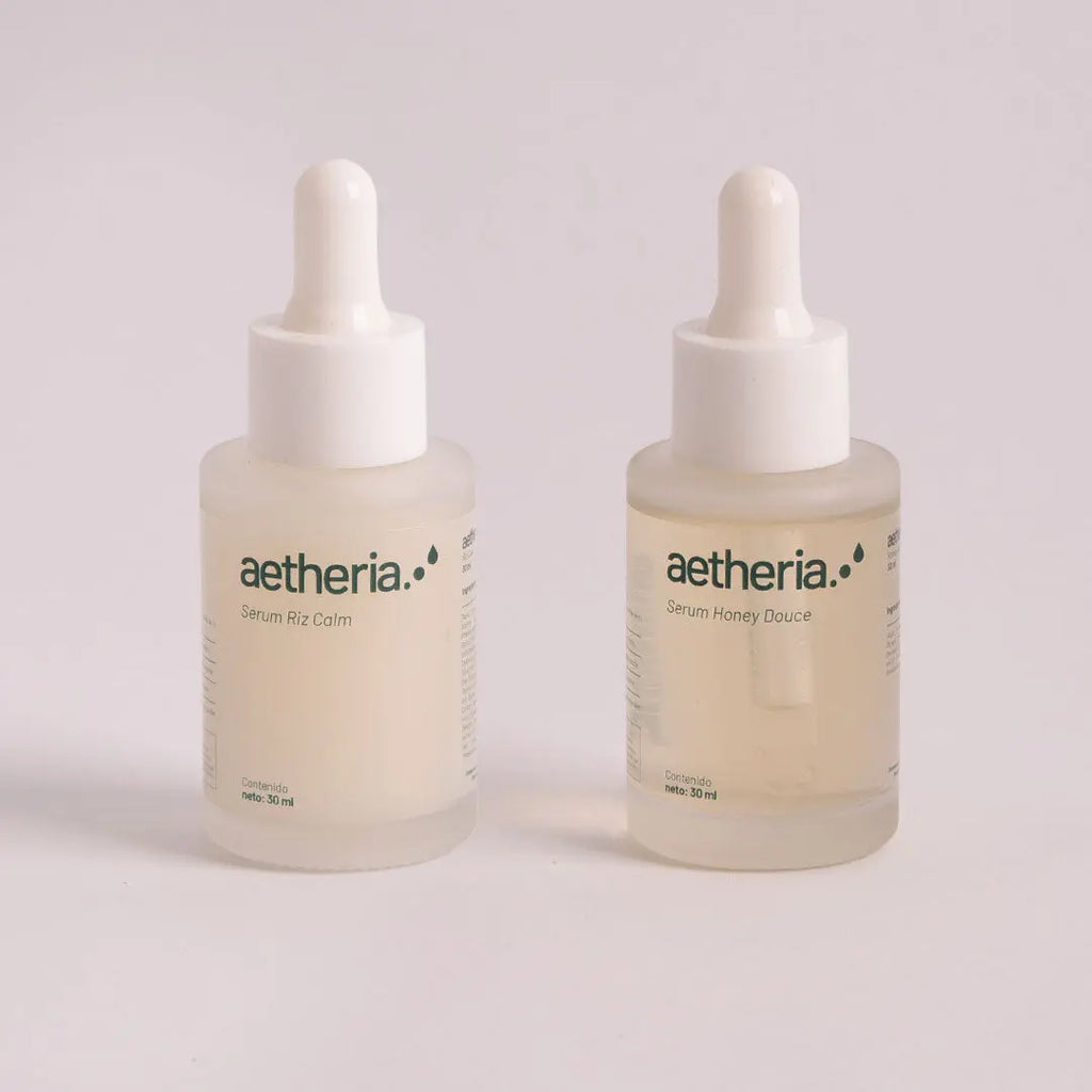 Ritual Calma y Restauración de Aetheria con Riz Calm y Honey Douce, tratamiento hidratante y nutritivo para piel sensible o seca.