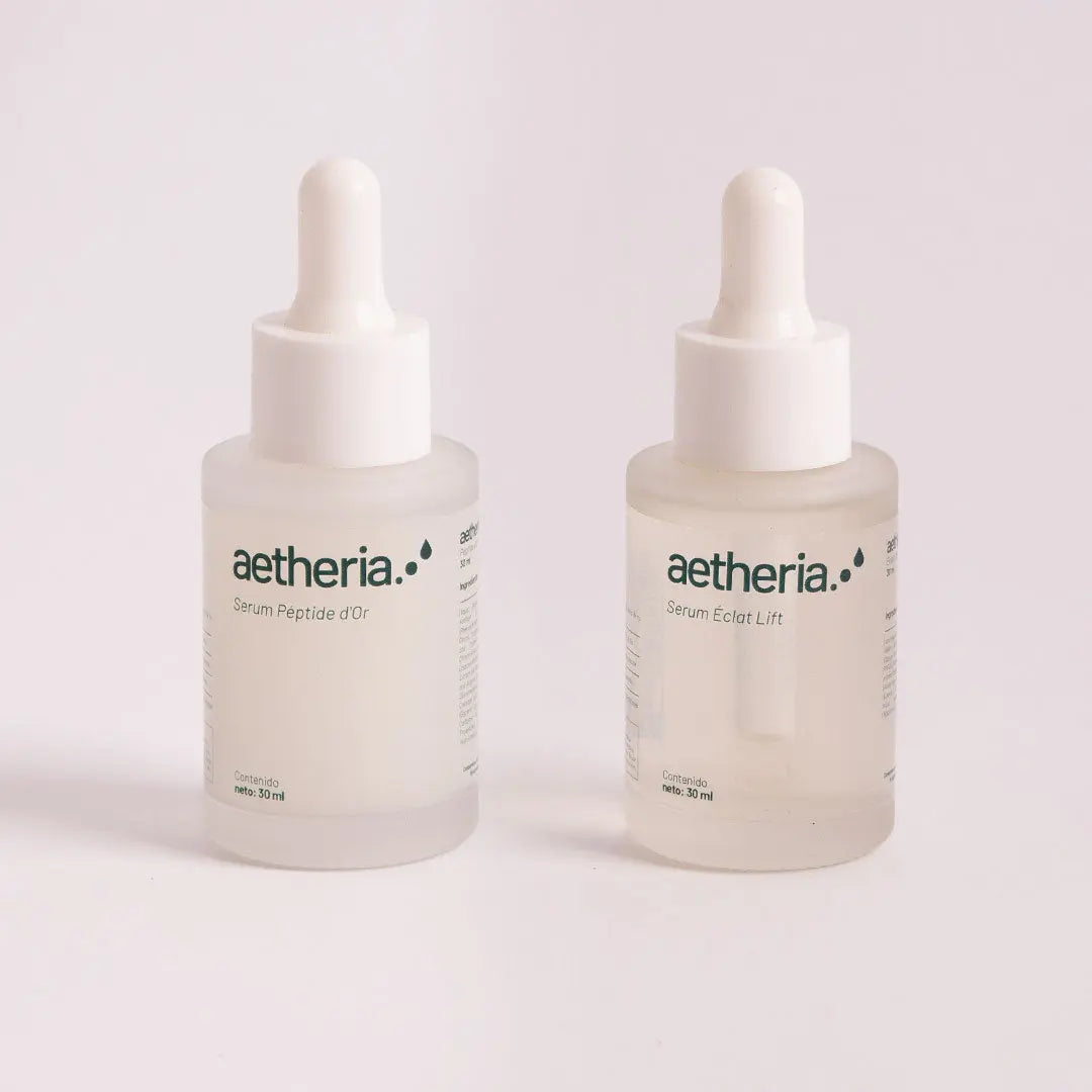 Ritual Lifting y Antiedad de Aetheria con Éclat Lift y Péptide d’Or, sérums reafirmantes con bakuchiol, péptidos y oro coloidal.