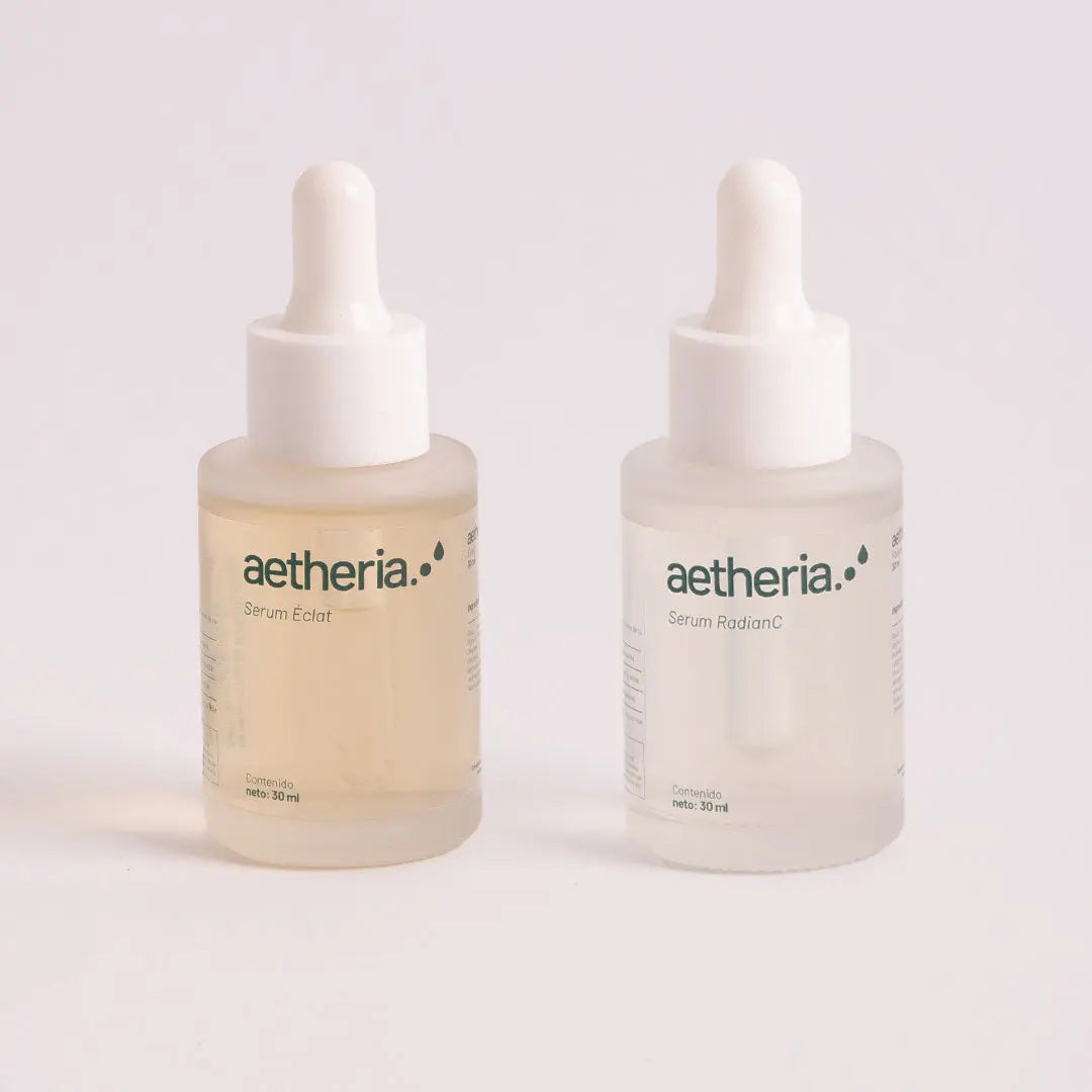 Ritual Piel Radiante y Protegida de Aetheria con elixires RadianC y Éclat, rutina de día y noche para una piel luminosa y protegida.